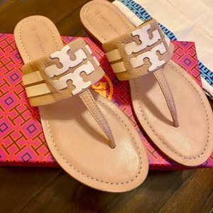 Tory Burch Leigh 05MM Sandal-Tumbled Leather/Calf Leather Cream SZ 9.5